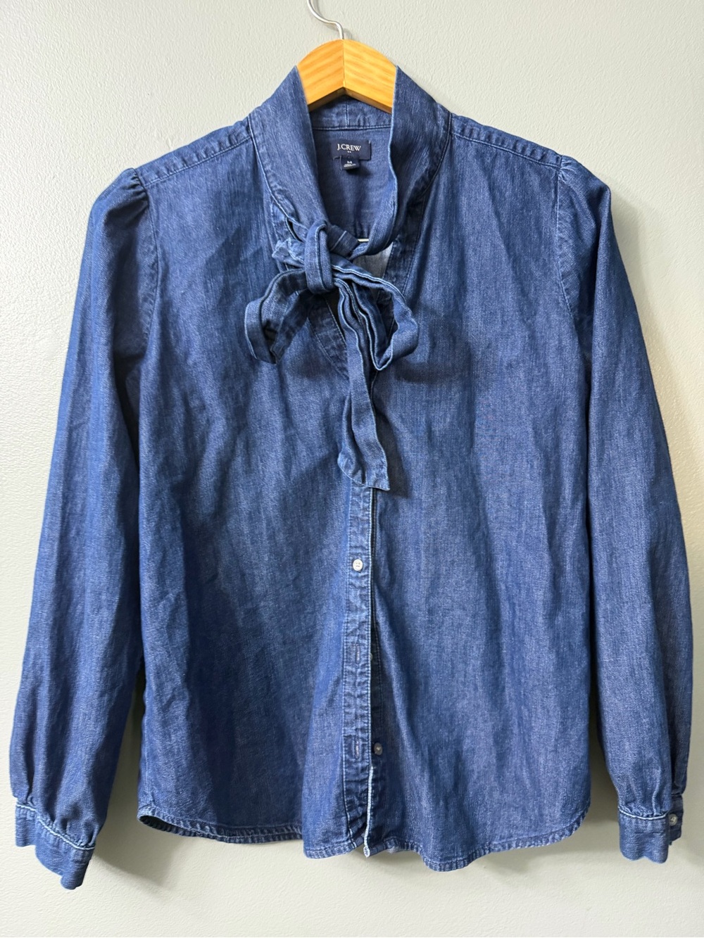 J.Crew Chambray bow tie-neck top medium